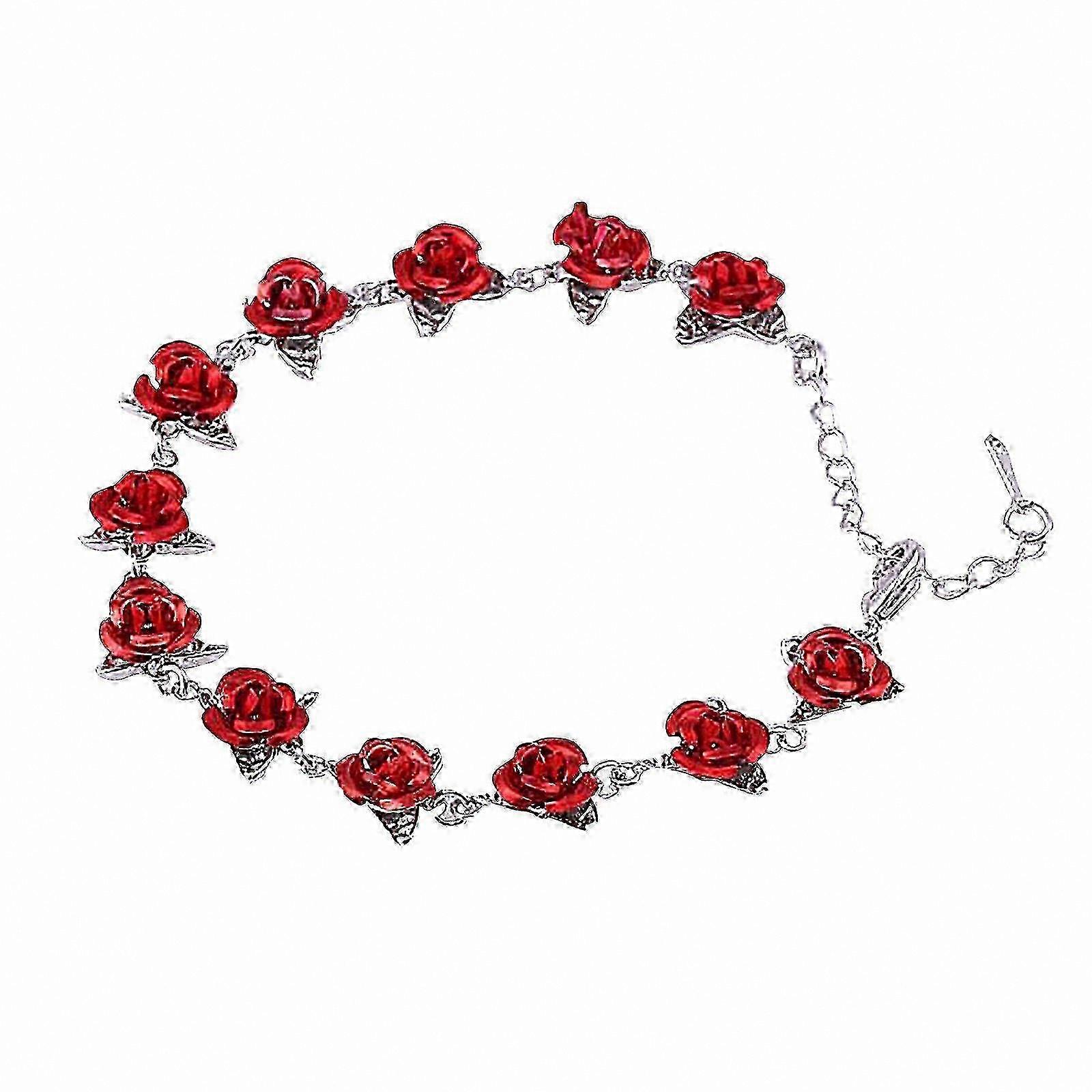 Rose Gold Link Bracelet Featuring Red Enamel Rose Pattern