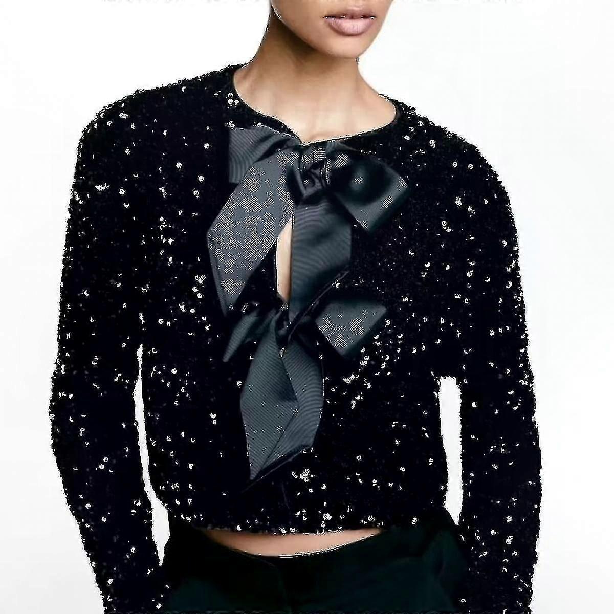 Sequined Bow Tie-Back Jacket with Short Sleeves and Open Front Design