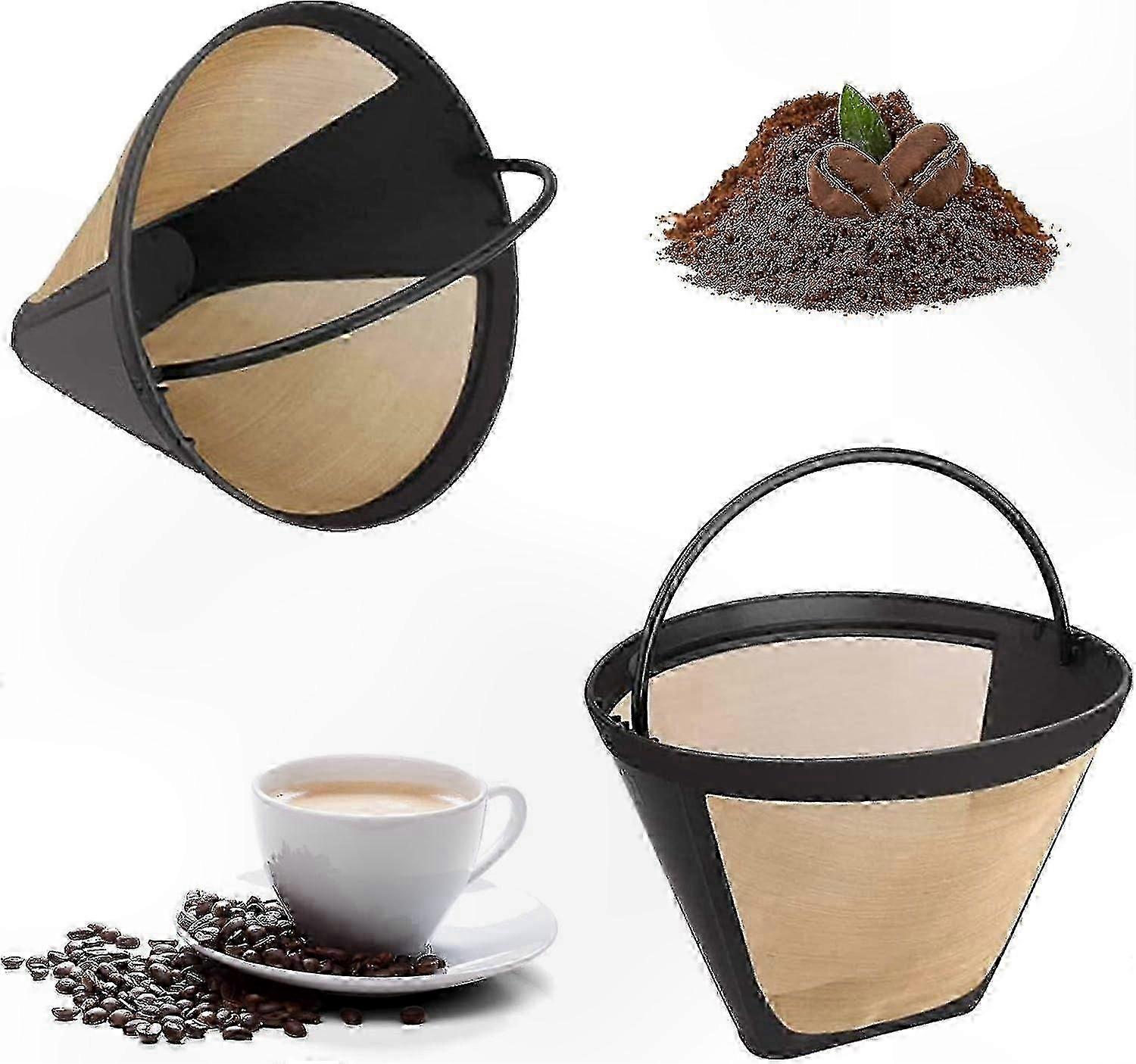 2 Pieces Reusable Coffee Filter, Permanent Filter, Universal Coffee Maker Filter, 100 Mesh, 304 Stainless Steel with Handle, 12cm (Gold)