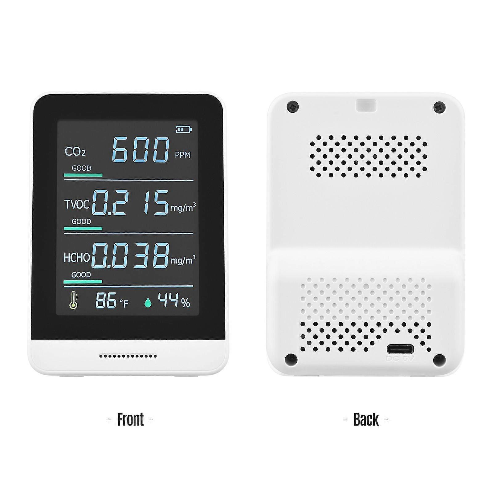 Air Quality Monitor CO2 Detector 5 in 1 IR Accurate Tester for CO2 TVOC HCHO Temperature Relative Humidity Real Time Reading with Alarm Comfort Level