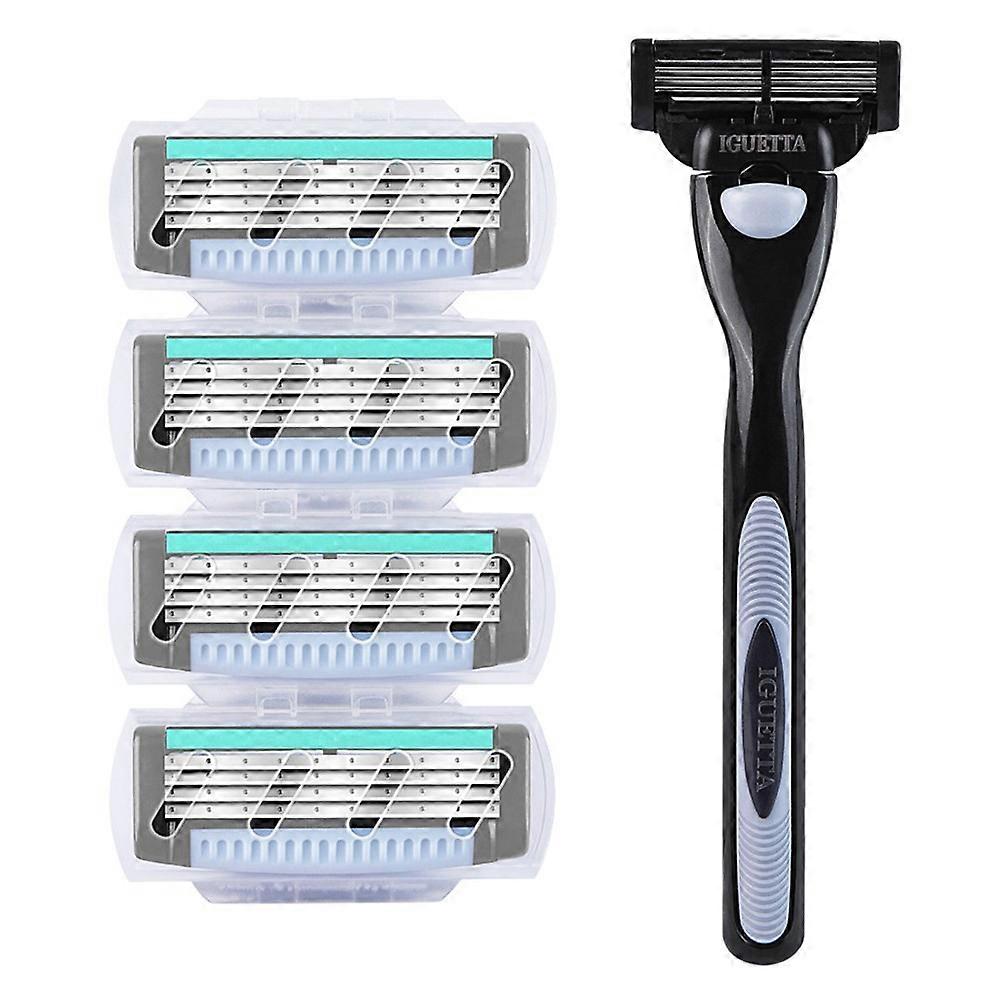 BOB IGUETTA 4-Layer Blade Manual Razor for Men Shaving Kit with 1 Handle and 5 Replacement Heads, Black+Grey
