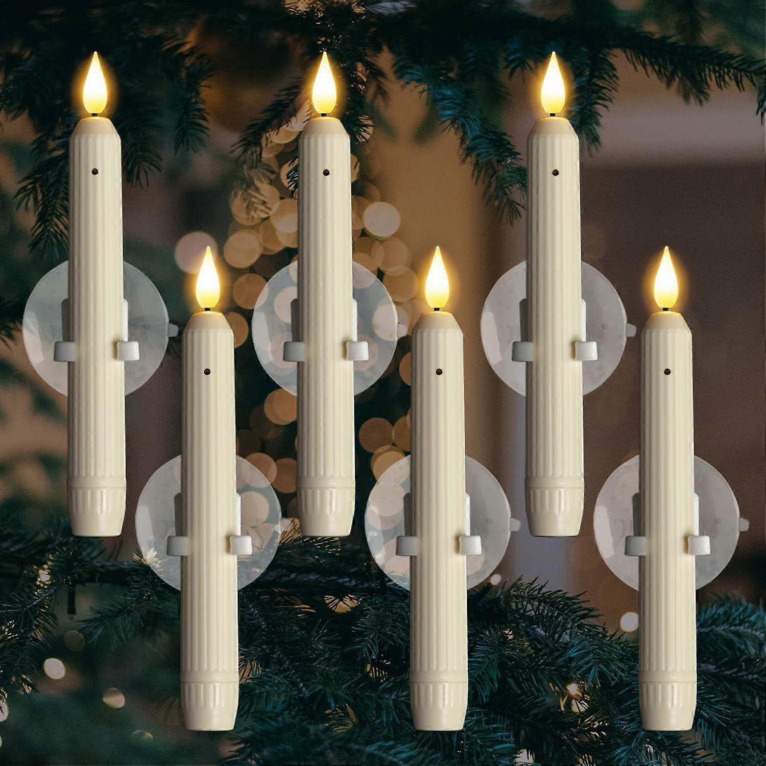 6PCS Window Candles with Sensor Dusk to Dawn - Ivory Stripped Candlesticks with Suction Cups, Battery Operated Flameless LED Taper Candles for Christm