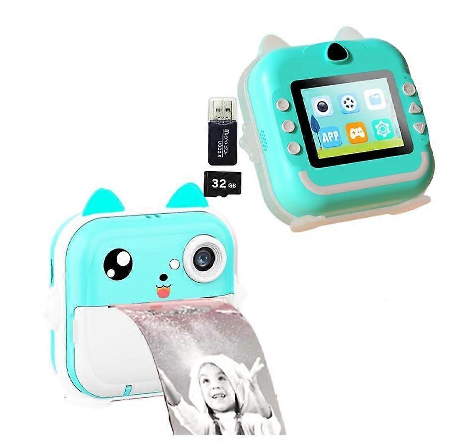 Kids Rechargeable Camera Instant Print - 1080P Digital Camera, 2.4" LCD Screen, 32G SD Card, HD(green)