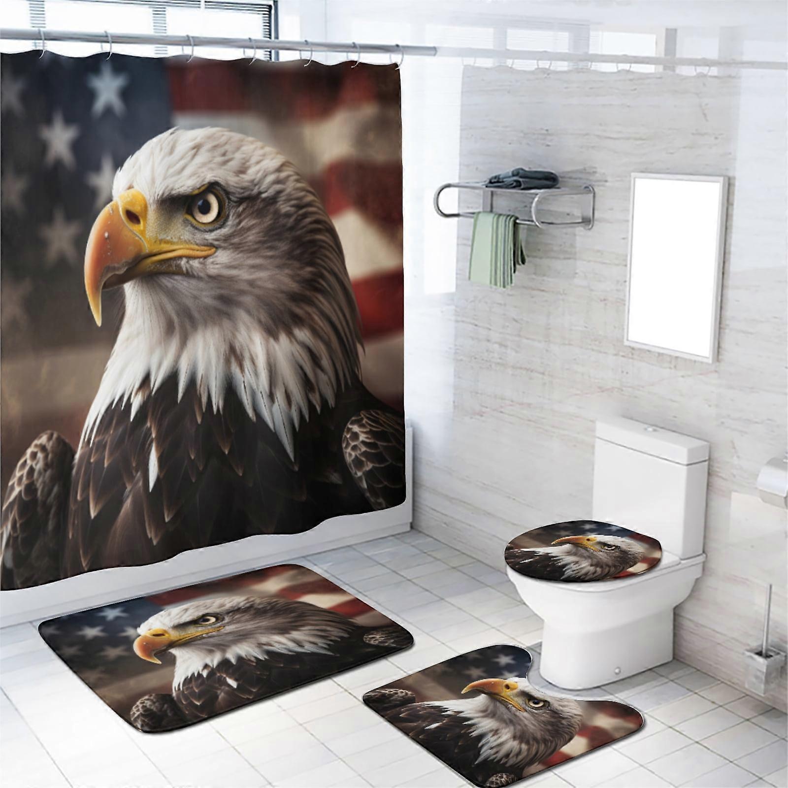 Bald Eagle 4PC Shower Curtain Set, Rustic American Flag Animal Design with 12 Hooks & Bath Mat, Durable Waterproof Fabric 72x72 Inch