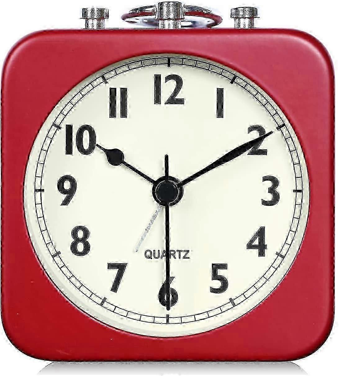 For 2024Square Cherry Red Metal Alarm Clock Bedside Battery Powered Silent Non Ticking Analog Desk and Shelf