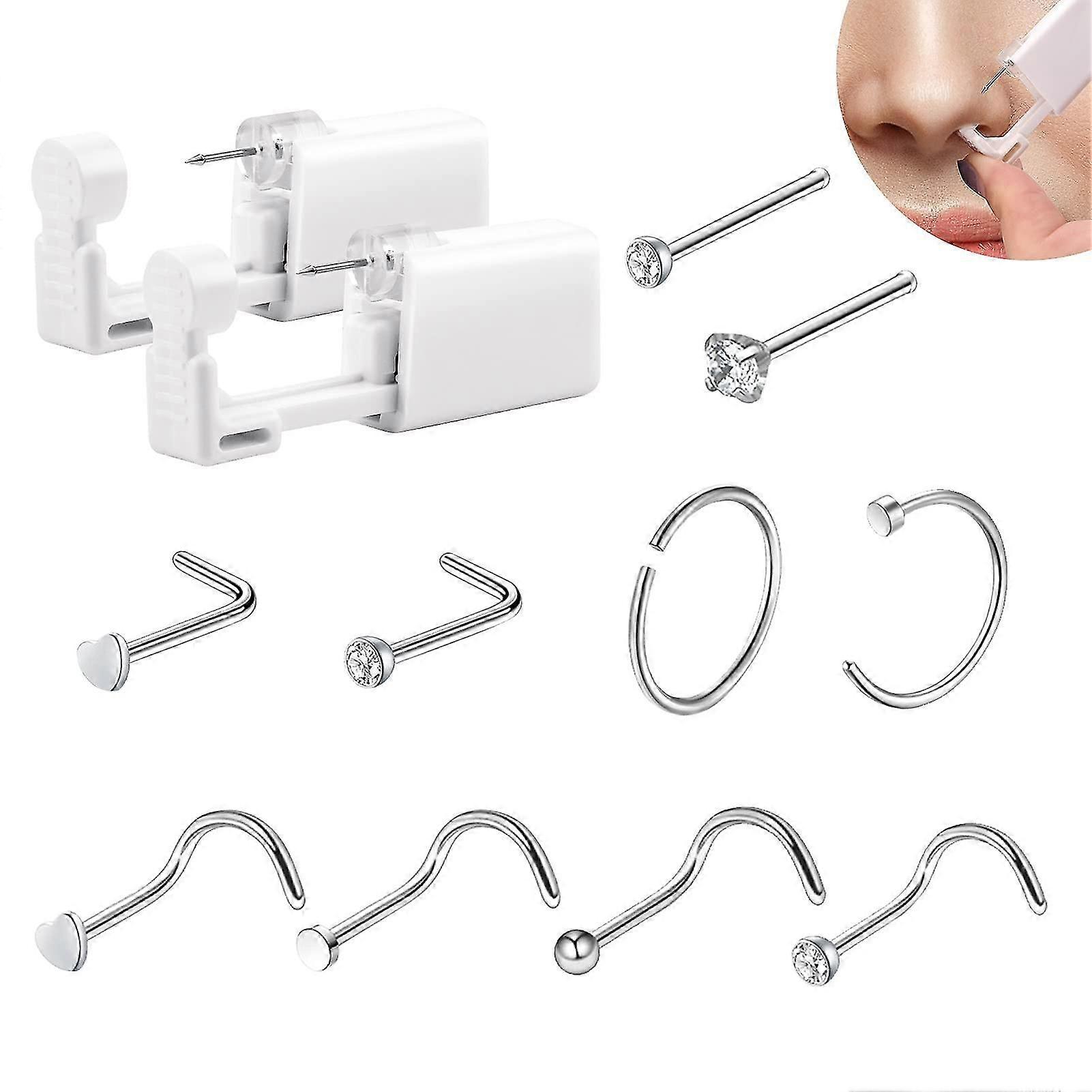 2 Pcs Disposable Nose Piercing Tool Set With 10 Nose Studs No Pain Sterile Safety Self Nose Stud Tool Home Piercing Kit Tool