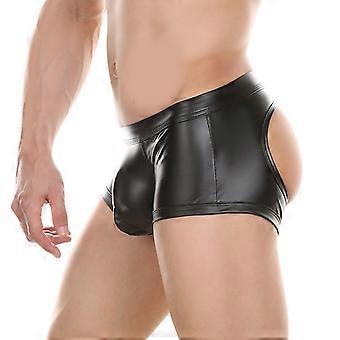 Herren Cut Out Unterwäsche mit offenem Hintern Boxershorts Stretch Kunstleder Koffer mit Beuteln Schwarze Shorts Dessous Unterhose Schwarz XL