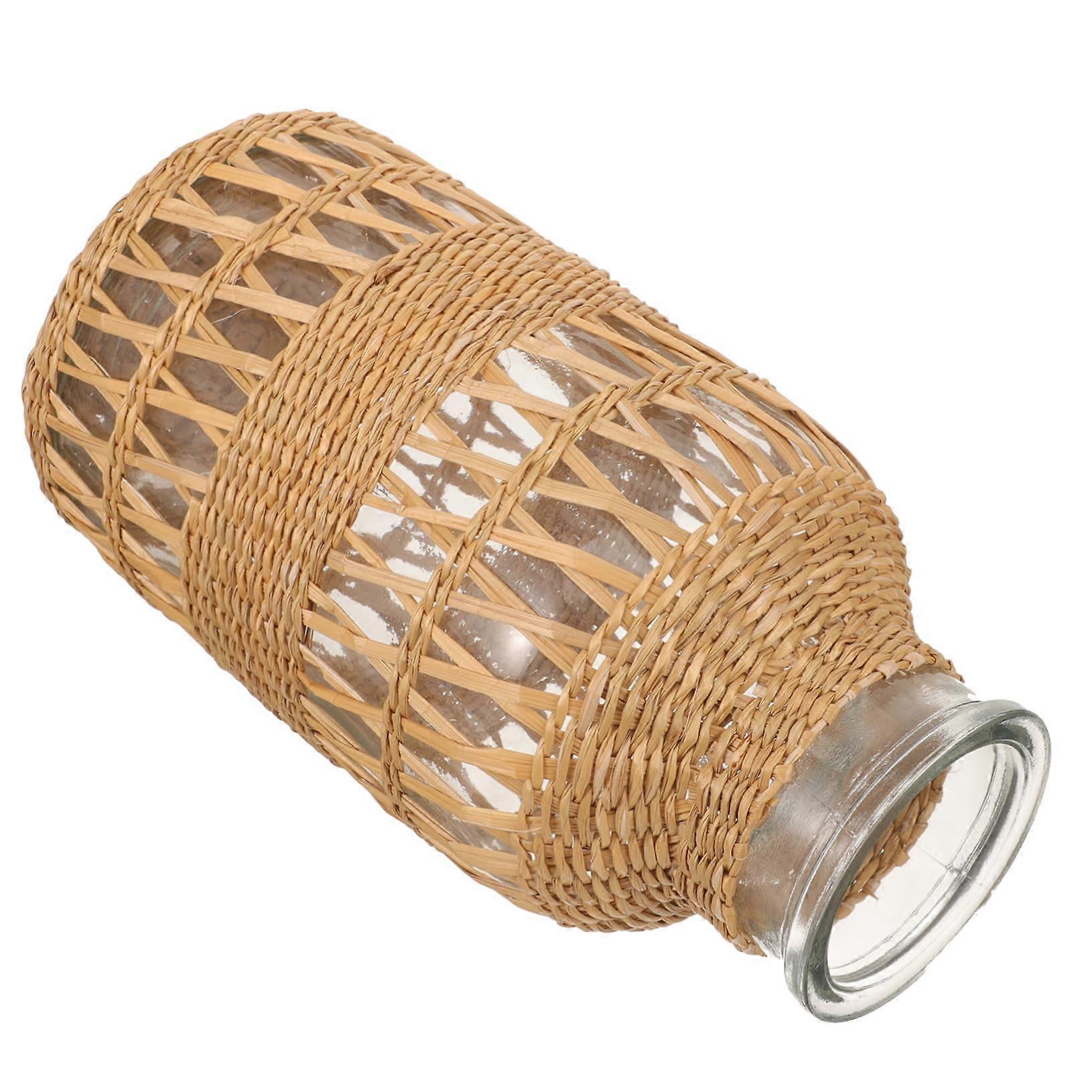 Large Woven Rattan Vase with Glass Core, Handmade Tabletop Planter for Home Decoration