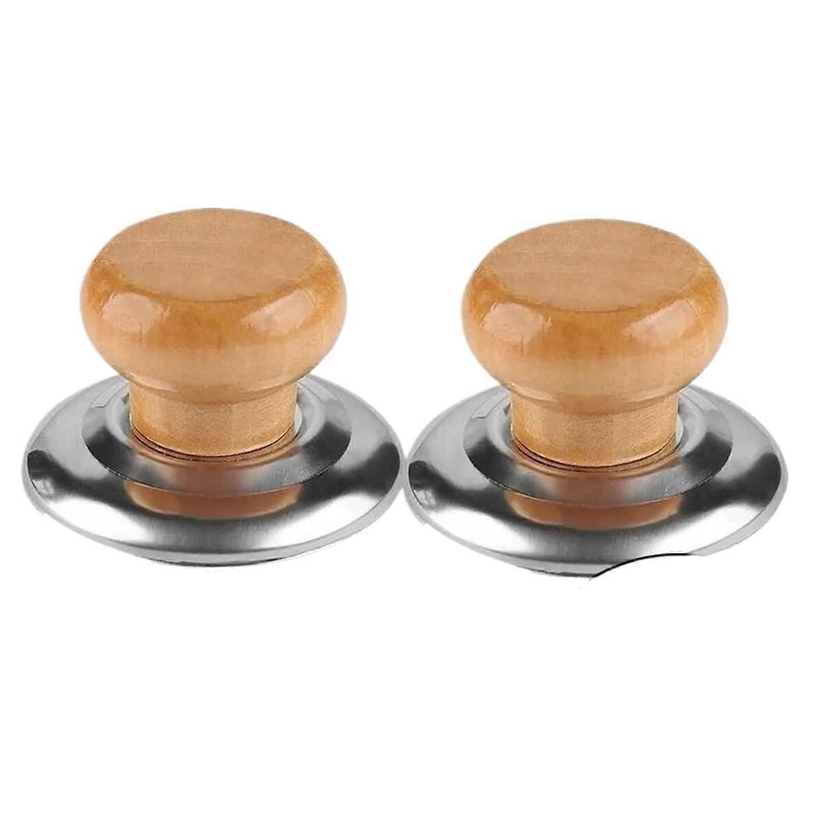2 Pack Stainless Steel and Wooden Pot Lid Knobs Replacement Handles for Kitchen Cookware