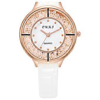 EQWLJWE Modische Damen-Armbanduhr mit Kristallen, goldenem Lederarmband, analogem Quarzwerk – Damenuhren im Weihnachtsabverkauf