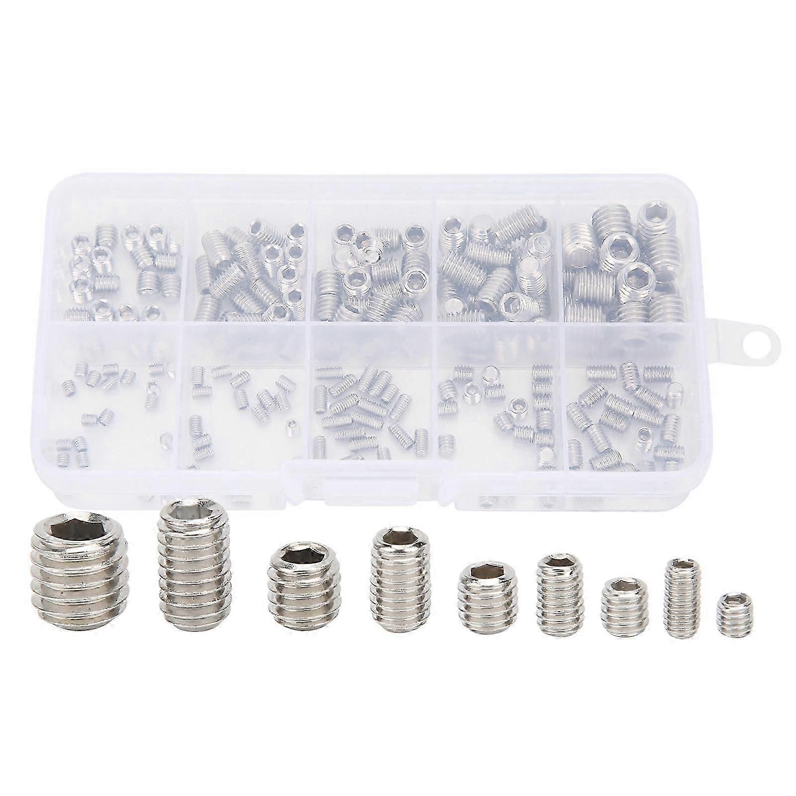 200Pcs Hex Grub Screws Socket Headless Assortment Stainless Steel Machine Set Tools