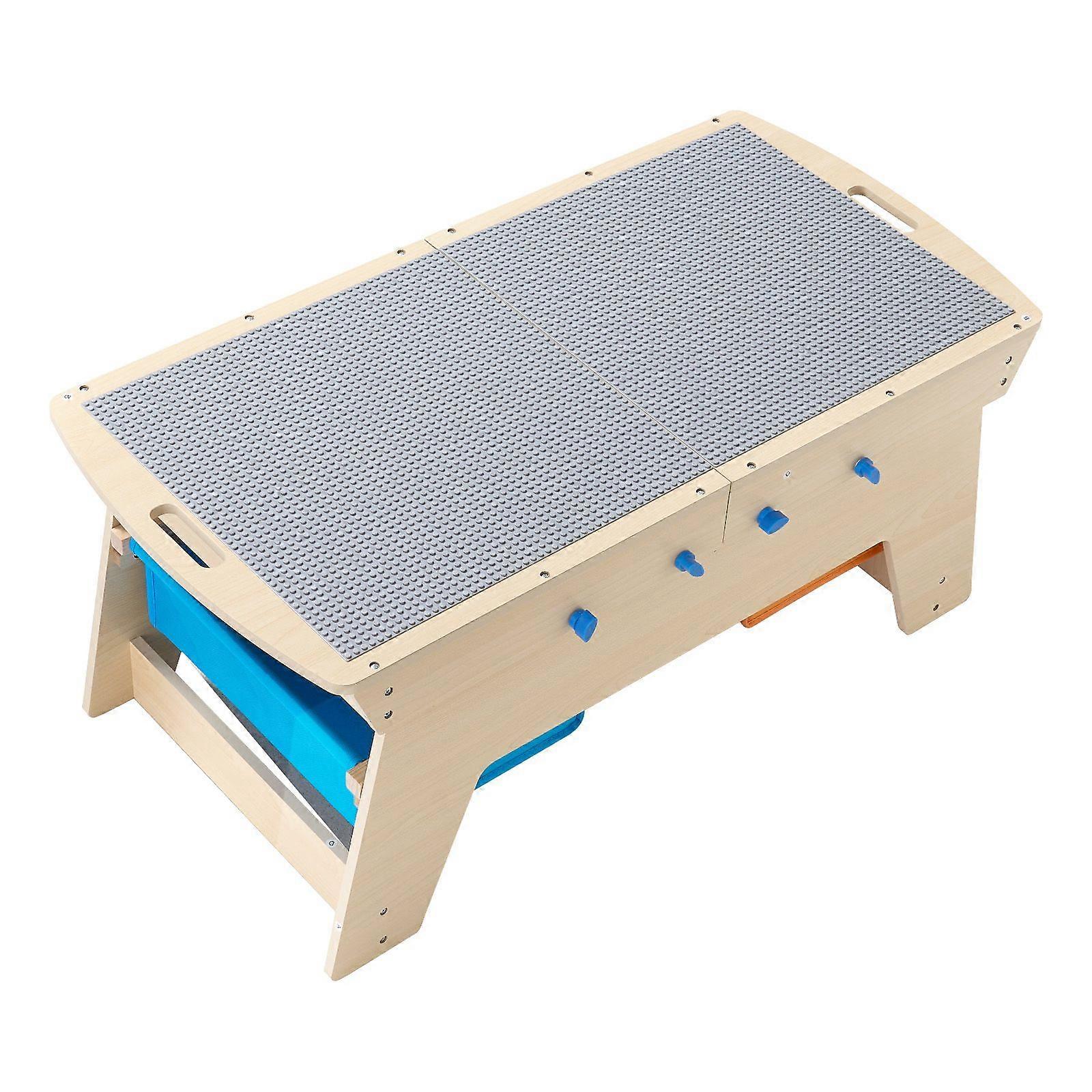 Kids Reversible Wooden Activity Table, Multi-Purpose Activity Play Table with 200 Building Bricks & 3 Storage Bins, Natural
