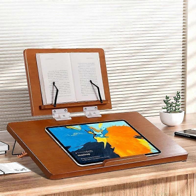 2-Tier Bamboo Reading Stand Tablet Holder, 6-Level Height Adjustable Book Rest & Laptop Riser