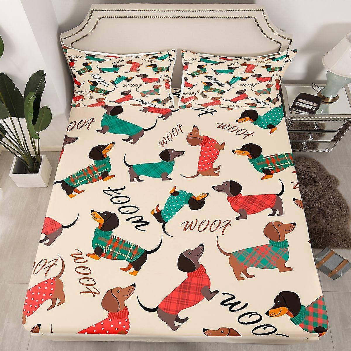 Queen Size Fitted Sheet Set with Dachshund Dog Print, Soft Breathable Microfiber, Deep Pocket, 2 Pillowcases