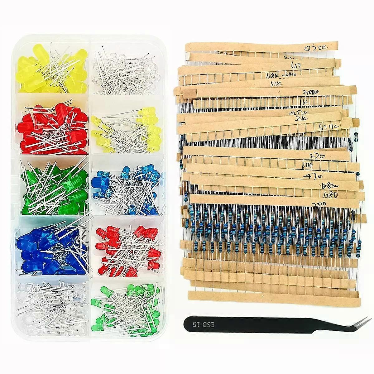 Resistor & LED Starter Kit,600PC 30 Values 10��-1M�� 1% 1/4W + 200PC 5Color 3mm&5mm LEDs Assortment w/ Tweezer
