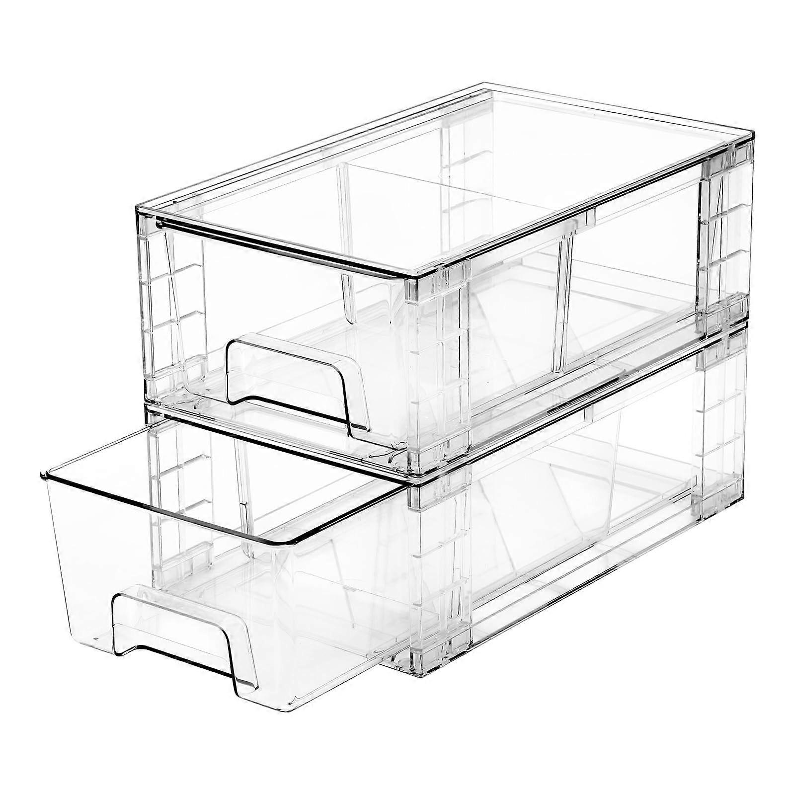 2 Pack Clear Plastic Storage Drawers with Handles, Stackable Bins with Removable Dividers for Kitchen, Pantry and Under Sink