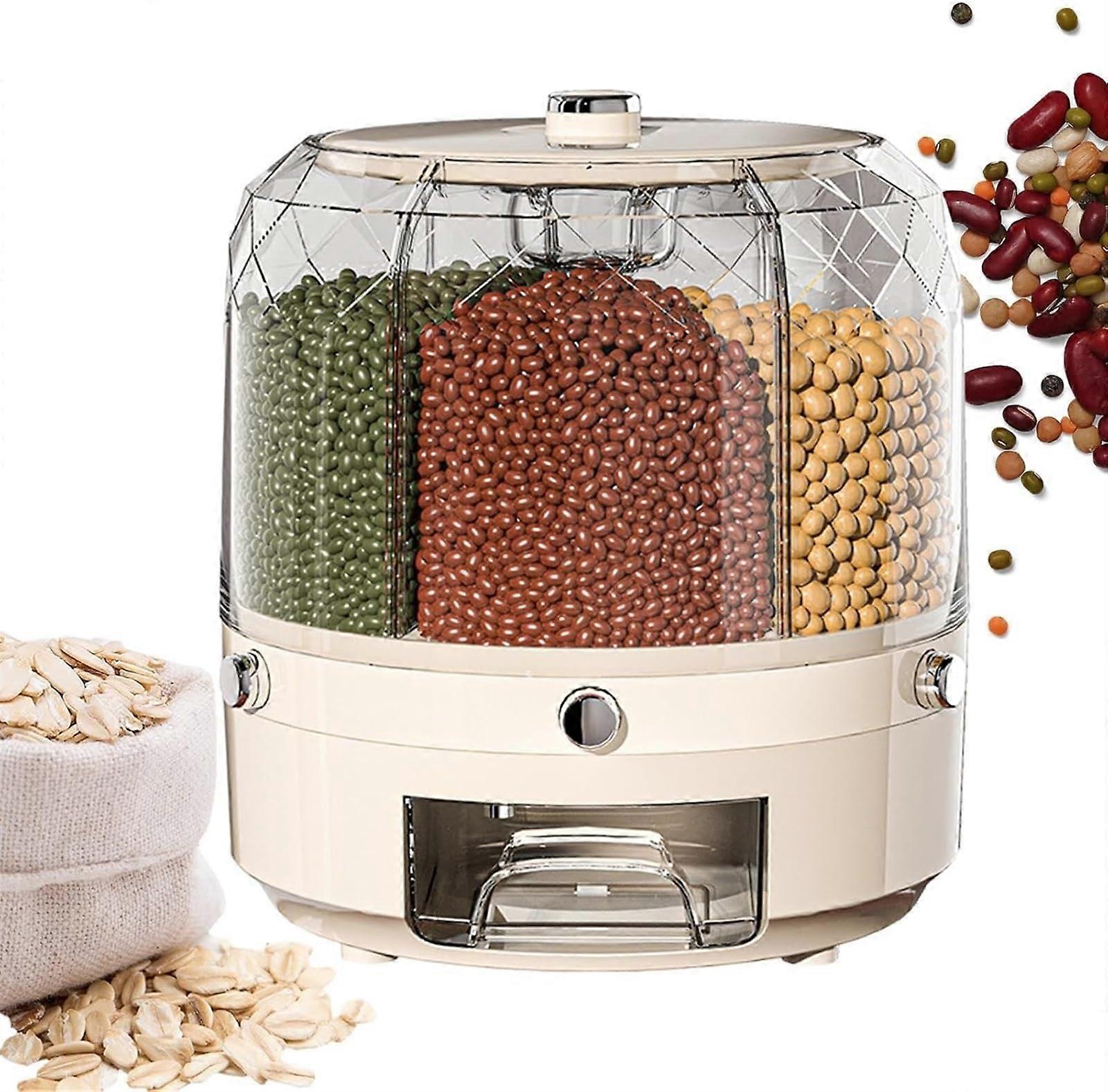 Rice Dispenser with 6 Compartments, 360° Rotating Dry Food Storage Container for Grains and Cereal