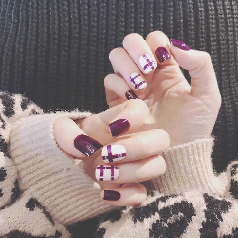 Matte Full Cover Press On Nails Set with Purple Sequin, Durable Reusable False Nails