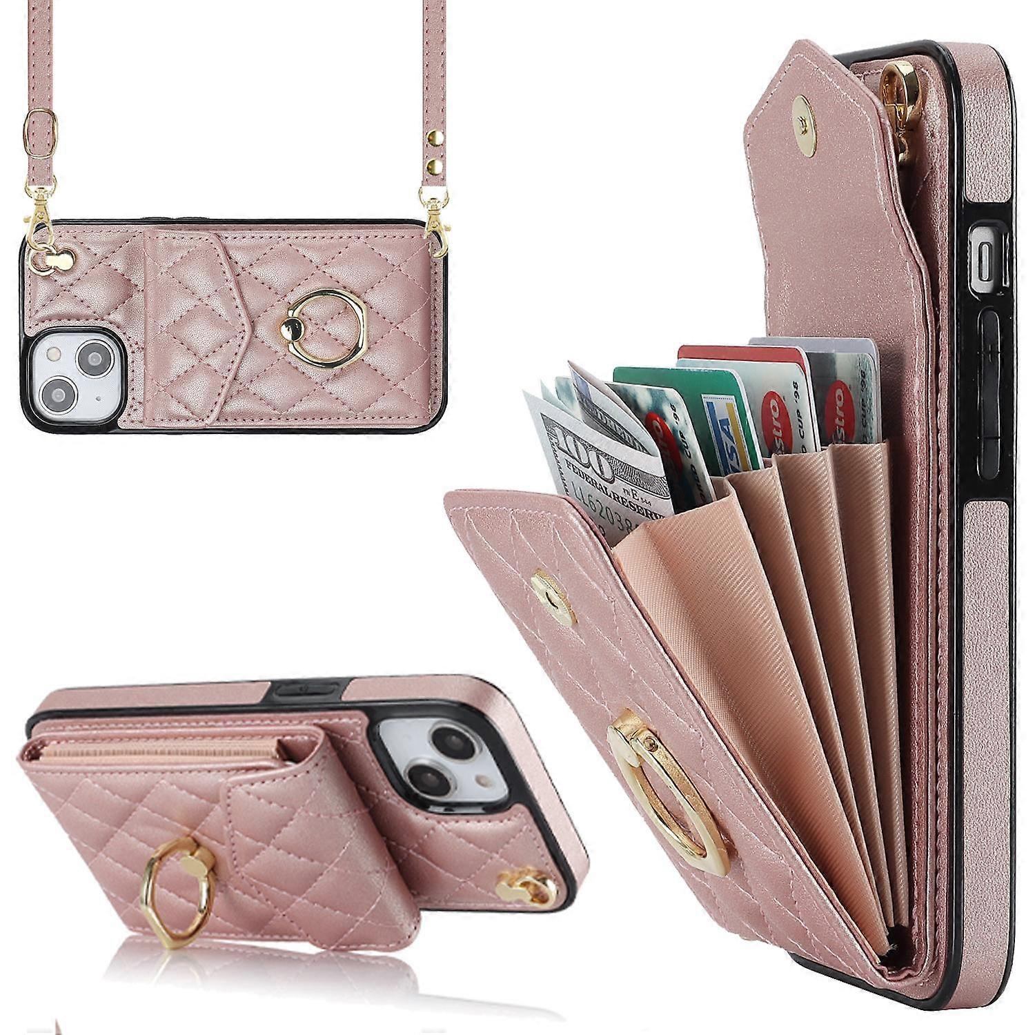 For iPhone 15 RFID Blocking Phone Case Multiple Card Slots Ring Kickstand PU Leather+TPU Fall-proof 