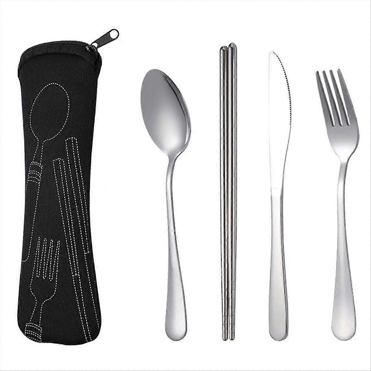 4Pcs Set Dinnerware Portable Spoon Fork Steak Knife Set Black