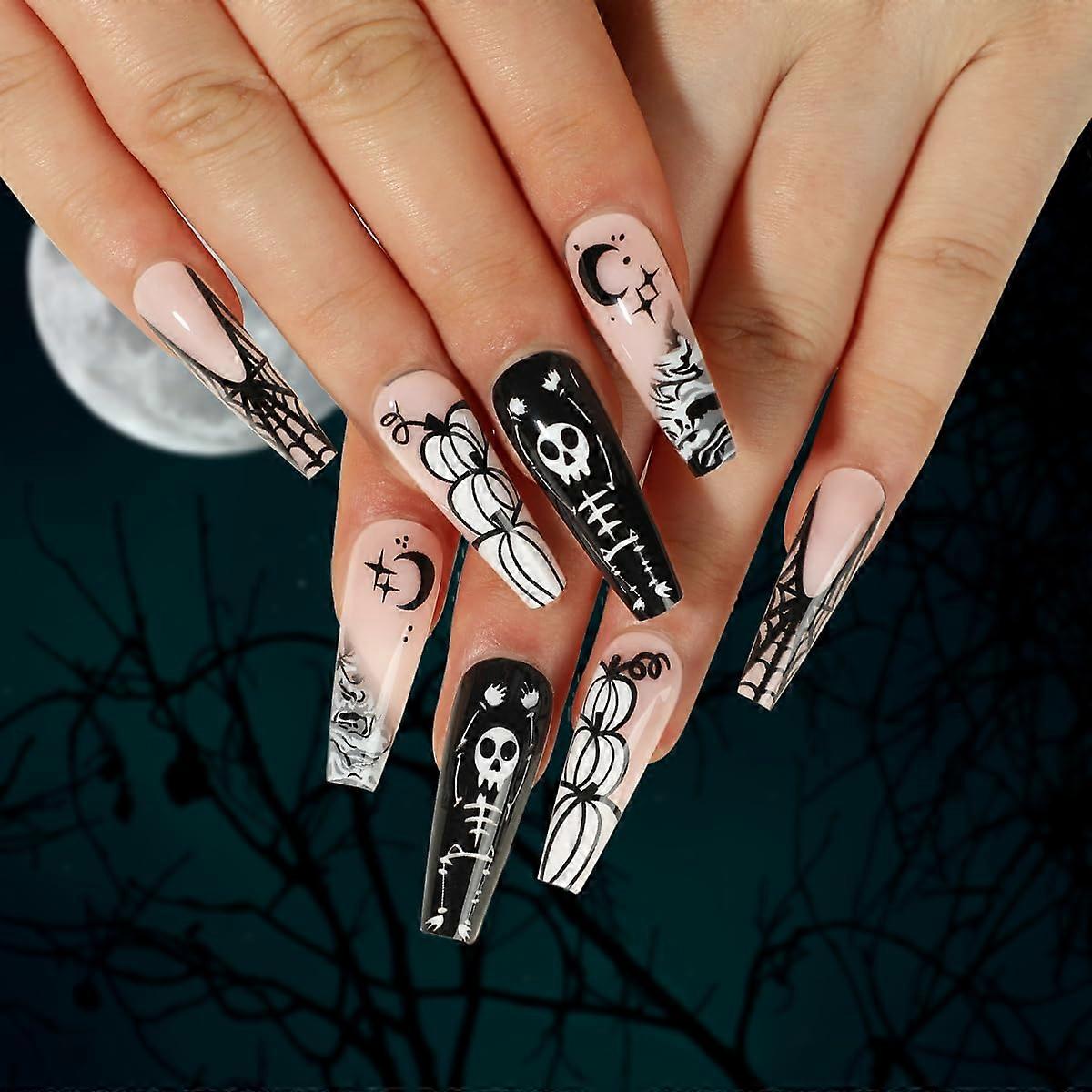 Halloween Press on Nails Extra Long Coffin Shape Black White Skeleton Pumpkin Spider Web 24Pcs