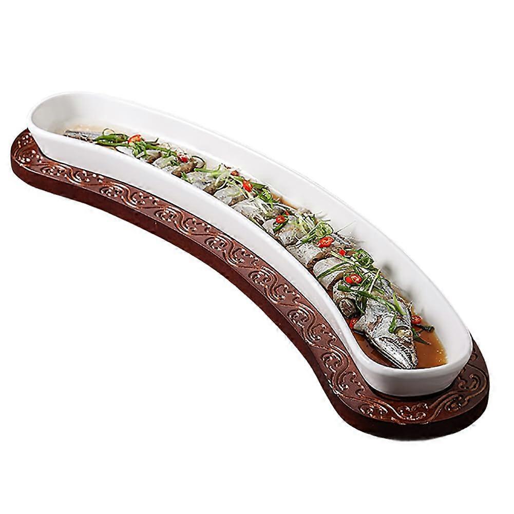 Long Ceramic Fish Platter with Solid Walnut Base, 60cm Extra Large Serving Tray for Seafood