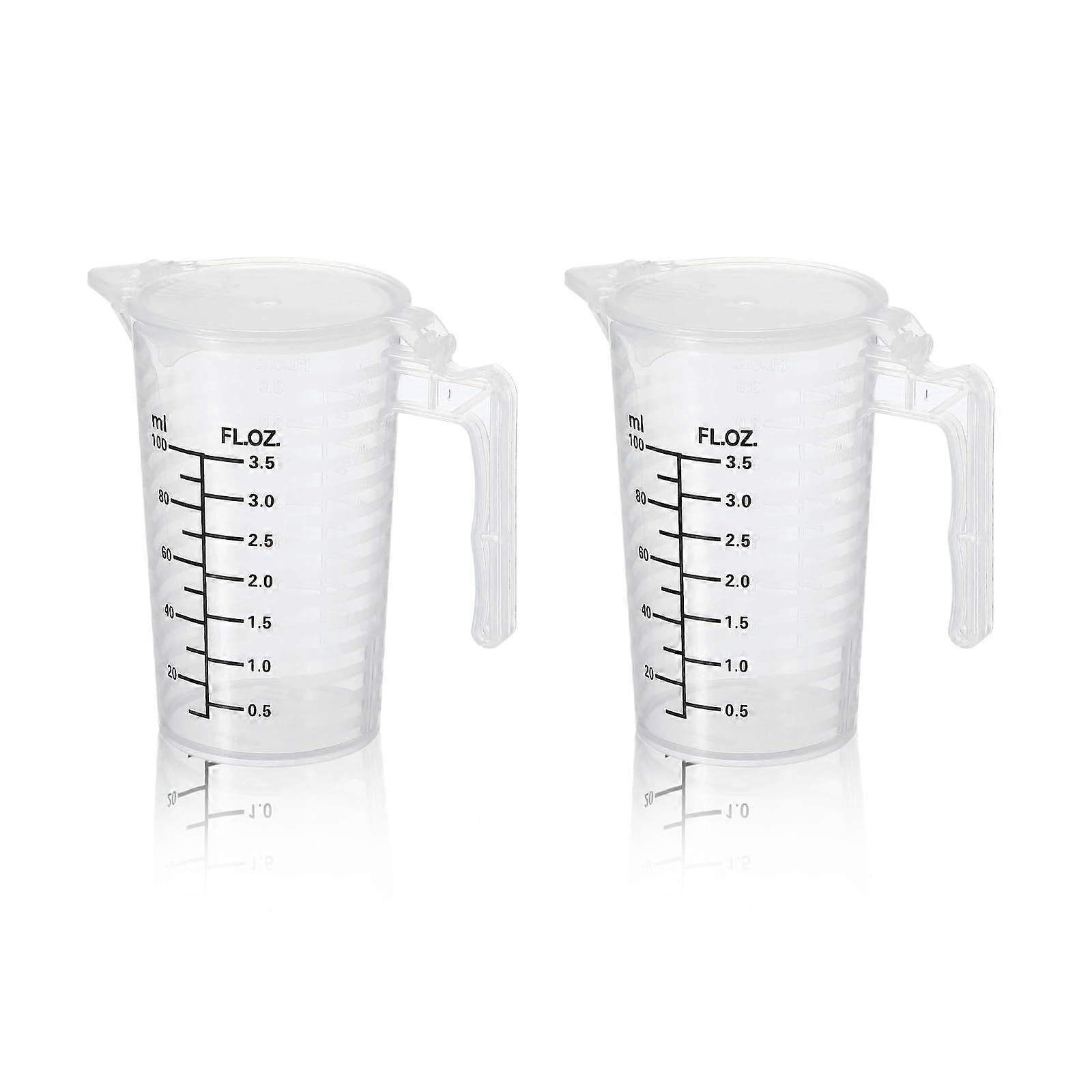 2 Pack 100ml Plastic Measuring Cup with Lid and Spout, Dual Scale, Ergonomic Handle for Kitchen Lab Ref:8788