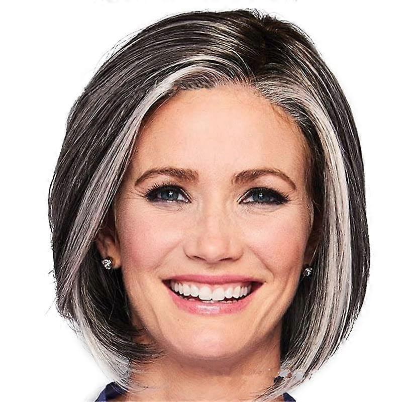 Gray Bob Wig with Bangs, Gray Black Gradient, Fluffy Thick Texture for Easy Daily Wear