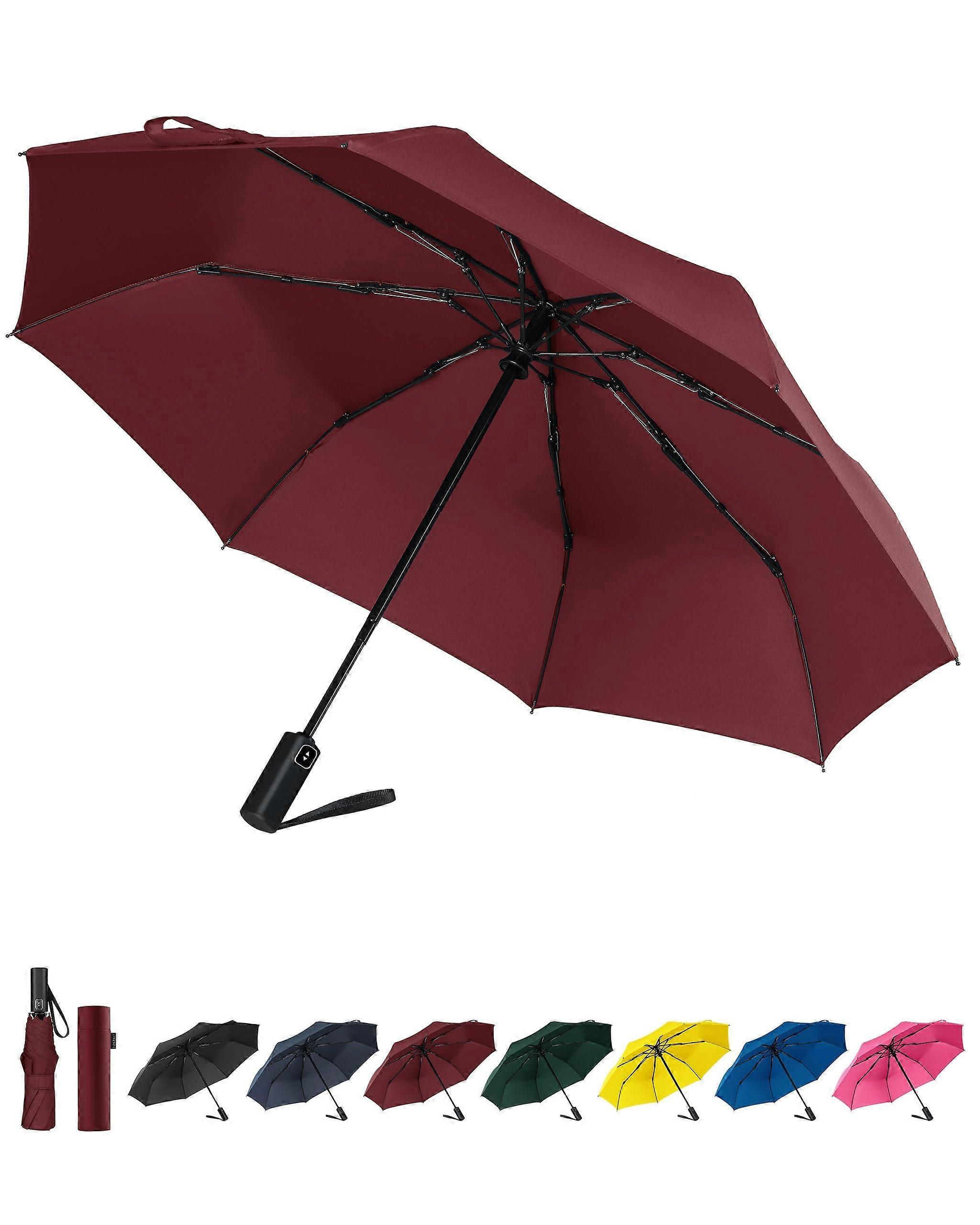 Windproof Travel Umbrella with Fiberglass Frame, Automatic Folding Compact Design, Burgundy