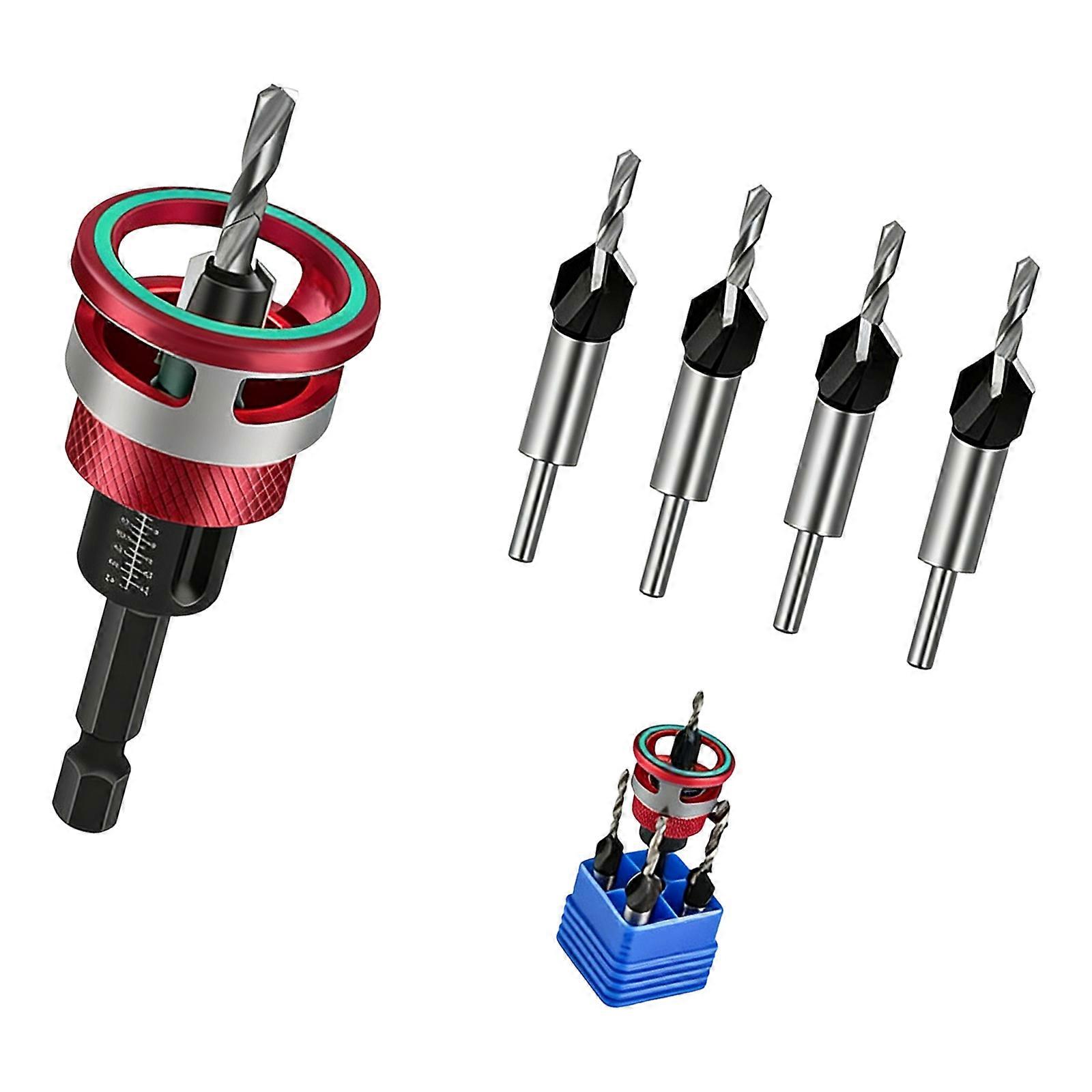 Countersink Drill Bit Set Woodworking Counterbore Hole Drill Bits 1/4inch Hexagonal Shank Depth Adjustable Drill Bits  Red