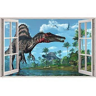 Adesivo de parede de janelas falsas de dinossauro mundo em aquarela 3D, adesivos de espinossauro para crianças meninos quarto de quarto de jogos decoração de sala de estar