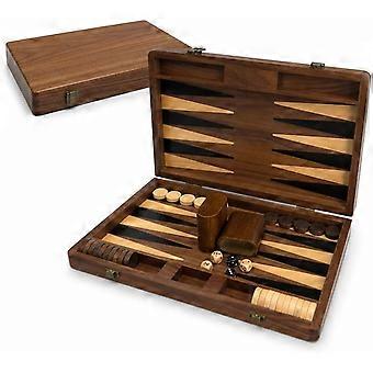 Backgammonspel van zwart walnoothout voor volwassenen, opvouwbaar houten bordspel van 36,5 x 46,5 cm.
