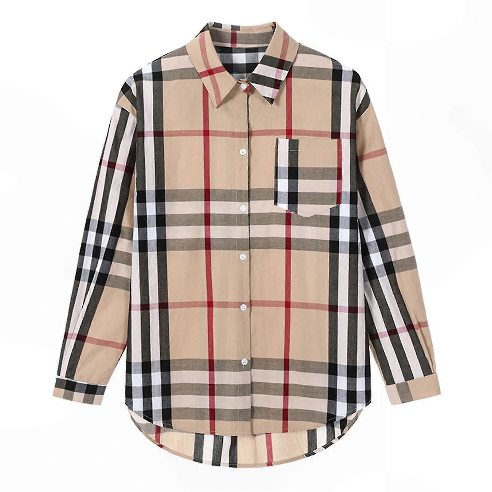 Damen Karierte Langarm-Button-Down-Freizeitbluse mit Tasche