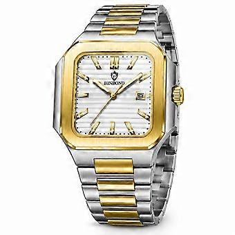 BINBOND Vierkant Herenhorloge Witte Wijzerplaat Tweekleurig Goud Staal Lichtgevende Zakelijk JY