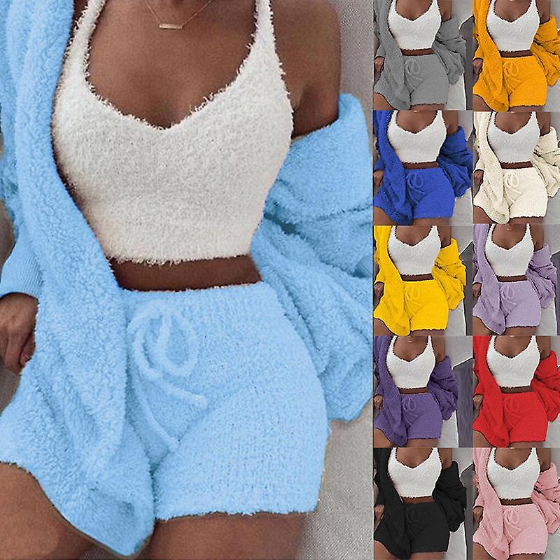 Kadın Kış Peluş Tüylü Pijama Casual 3 Parça Takım Pijama Takım Uzun Kollu Ceket V Yaka Yelek Şort Pantolon Takım Elbise
