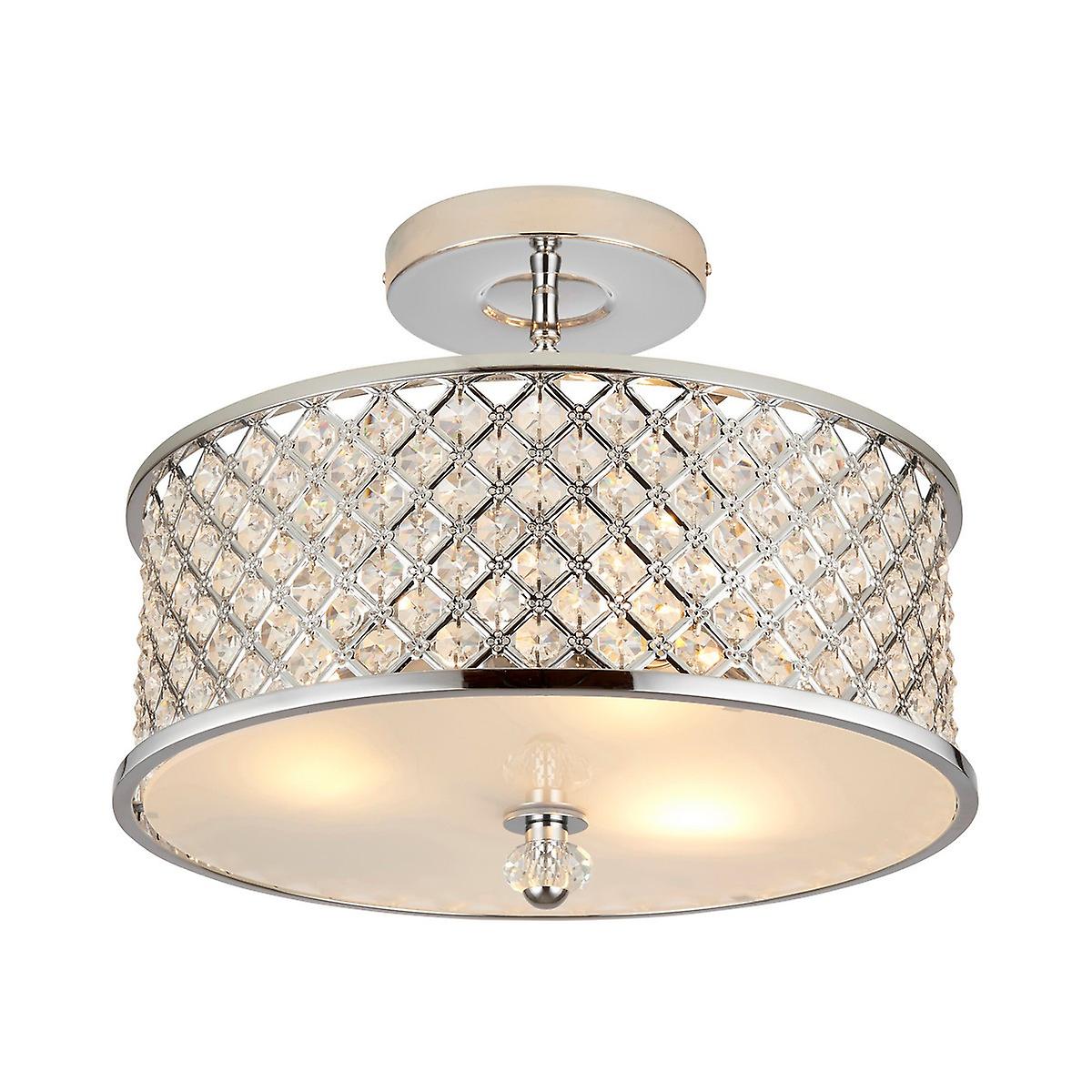 Hudson 3 Light Semi Flush Ceiling Light Metal with Crystal Beads & Glass Diffuser, E27