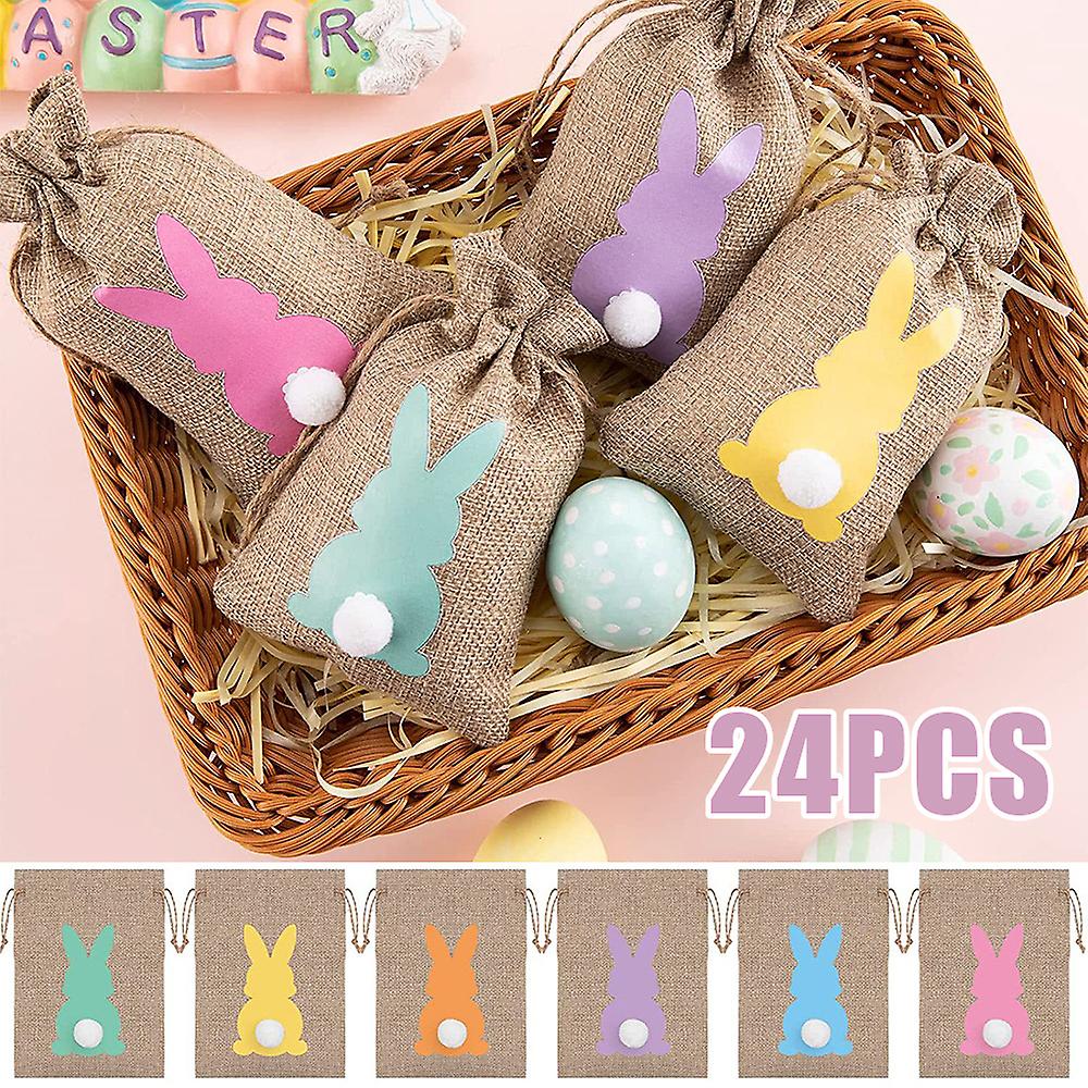 24pcs/set Easter Bunny Drawstring Linen Pouch Bags Easter Egg Hunts Candy Treat Gift Rabbit Storage Bags Kids Easter Festive Party Favor