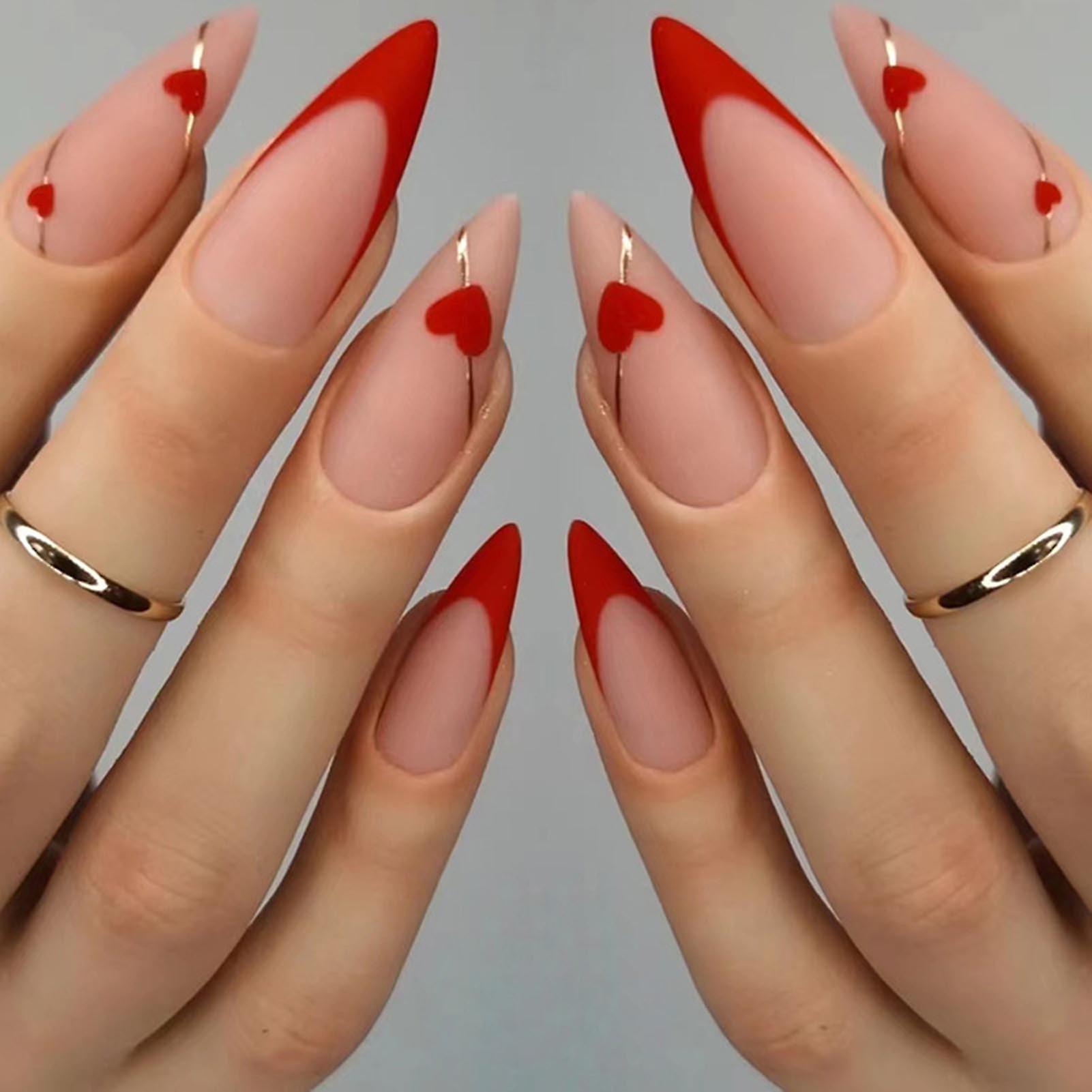 French Red Tips Almond Fake Nails Smooth And Harmless Edge Nails