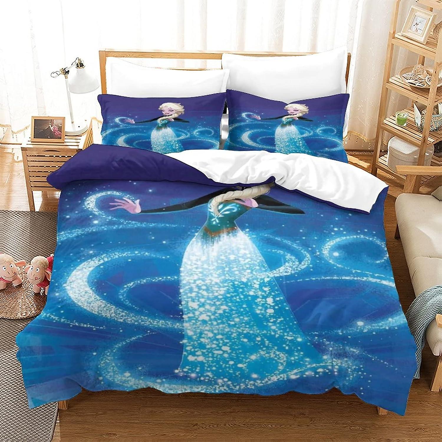 HOUKIG Print Duvet Cover Frozen Set with Elsa Princess Two Pillow Cases Pattern Bedding Set Single/Double Size for Kids & Teens Double