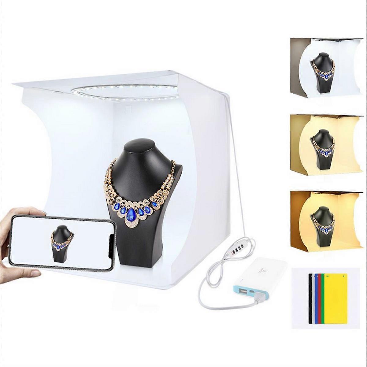 Adjustable Light Photo Studio Box, Mini Photo Light Box, Portable Photography Lighting softbox 6 Color Backdrop kit with Ring White Light 6500K Warm L