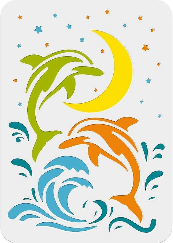 Dolphin Painting Stencil 11.69x8.27 Inch Reusable DIY Art and Craft Stencils Moons Stars Painting Stencil for Painting on Wood Fabric Paper Walls Canv