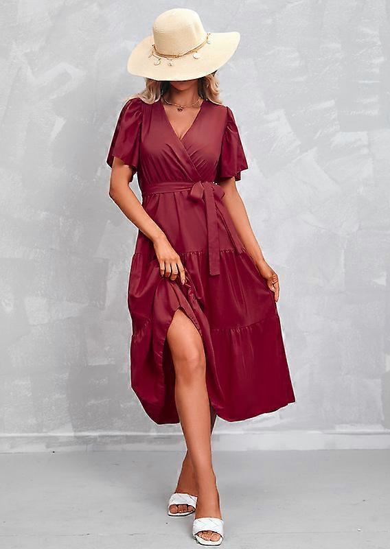 Solid color V-neck short-sleeved dress