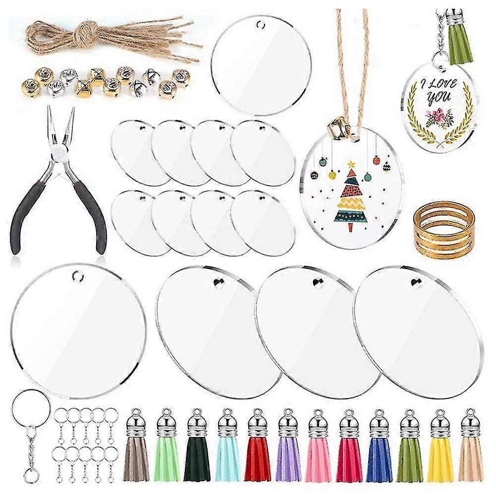 74pcs Acrylic Transparent Circle Discs,for Diy Keychains And Discs With Hole Random Color Tassel Pe
