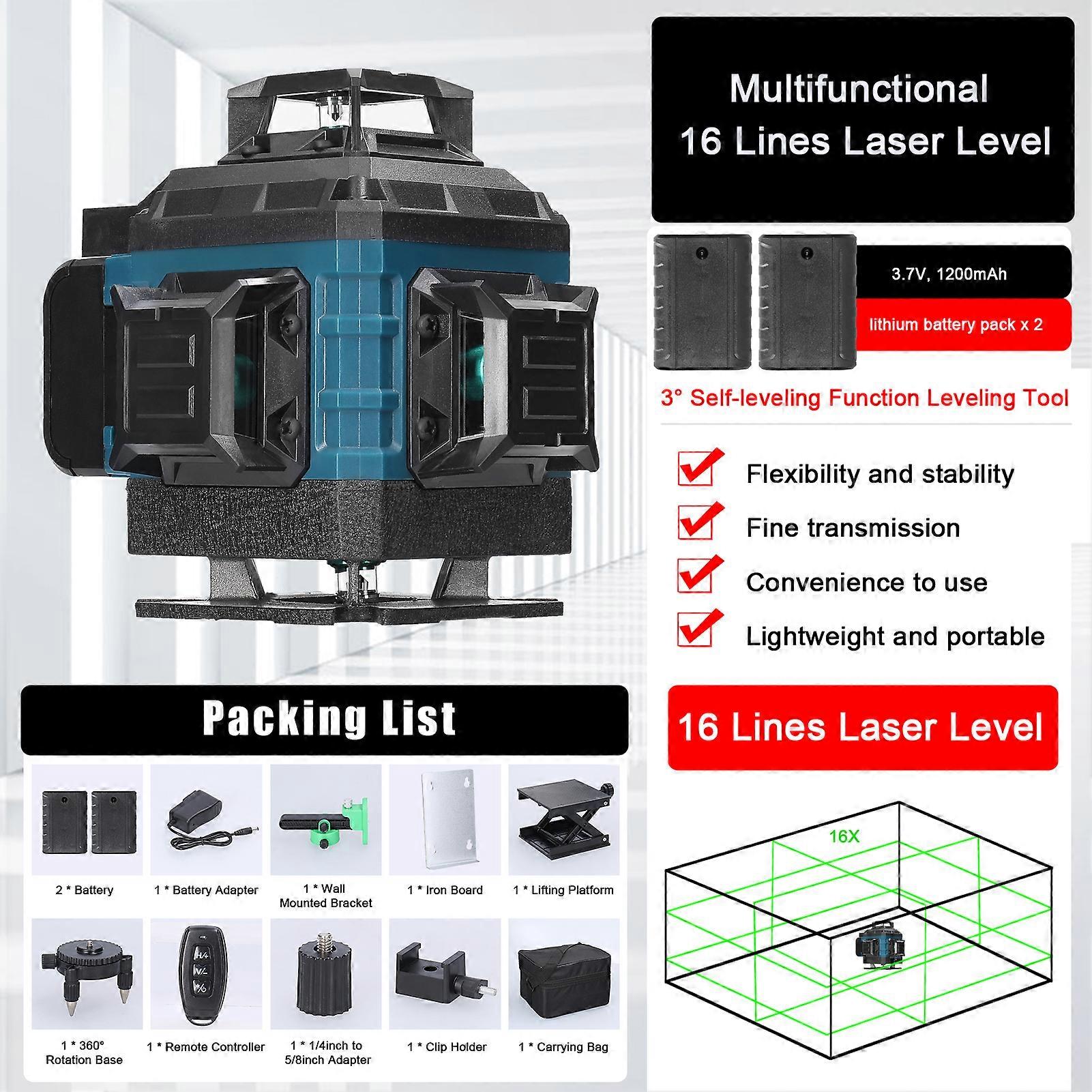 4D 16 Lines Laser Level 3 Self-leveling Machine Rechargeable Battery Leveling Tool Omnidirectional Ground Wall Sticker Tool
