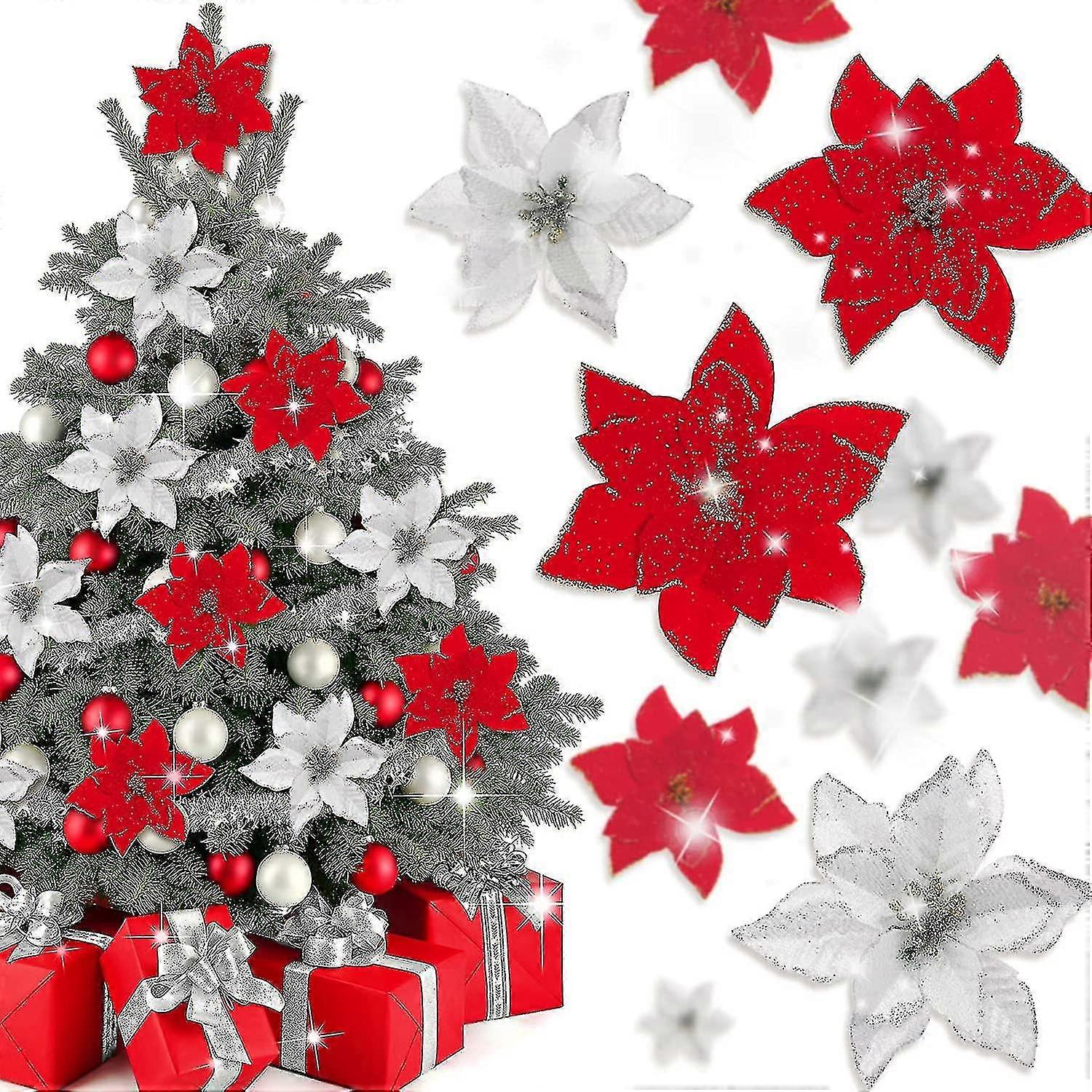 40pcs Poinsettia Artificial Heilwiy Christmas Flowers With 40pcs Clips And 40pcs Stems Red Silver Xmas Flowers Glitter Fiis