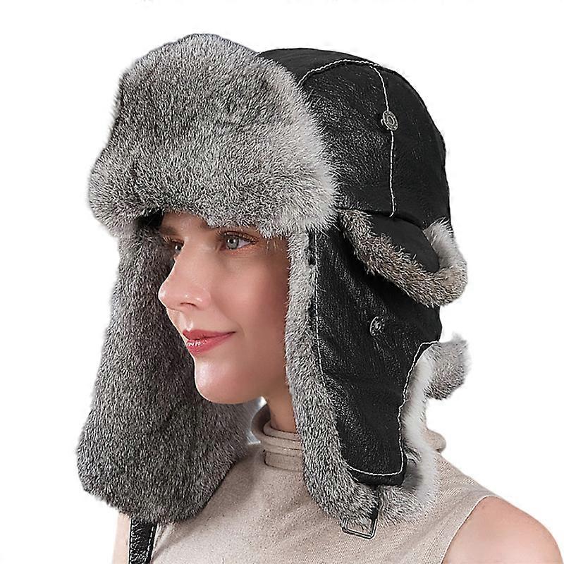 EVAGO Winter Trapper Hat Real Rabbit Fur And Geunine Leather Russian Ushanka Trooper Aviator Hats for Men & Women Snow Eskimo Hat with Ear Flaps for C