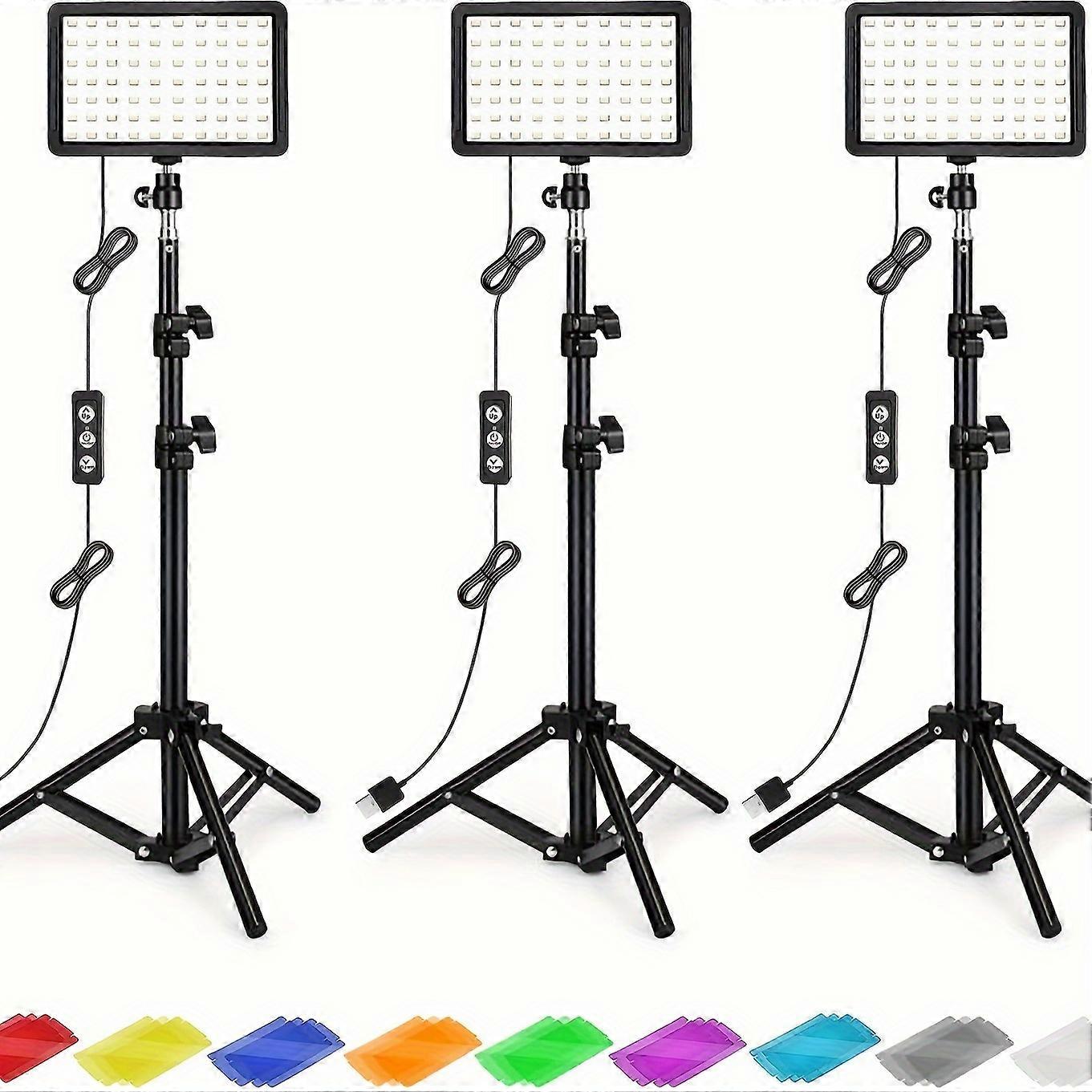 3 Packs Photography Lighting Kit Dimmable 5600K USB Led Video Studio Streaming Lights with Adjustable Tripod Stand and Color Filters for Table Top/Pho
