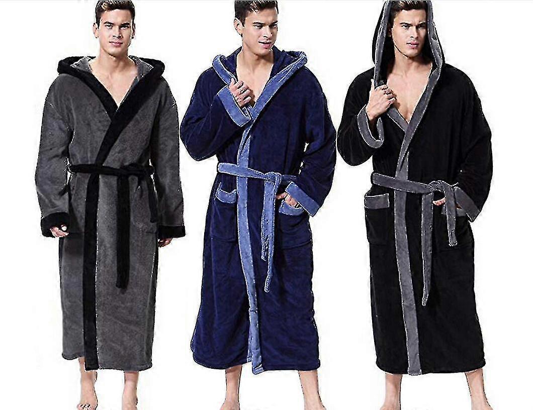 Men Hooded Bathrobe Cotton Winter Lengthened Plush Shawl Home Spa Robe
