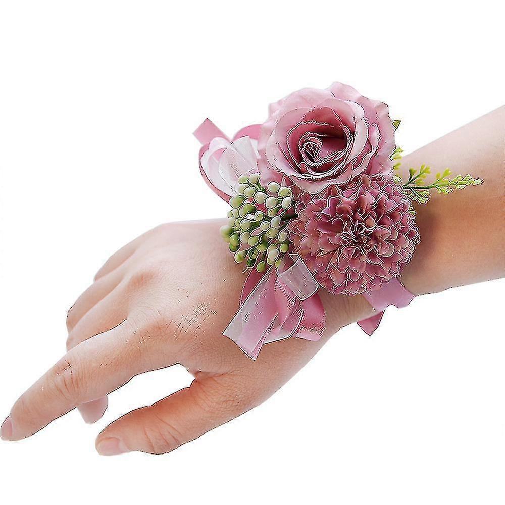 סט קוראז' לפרק כף היד 2 חלקים, 3 "ורדים וציפורנים מלאכותיים, פרחי משי בעבודת יד לחתונה פרחוני