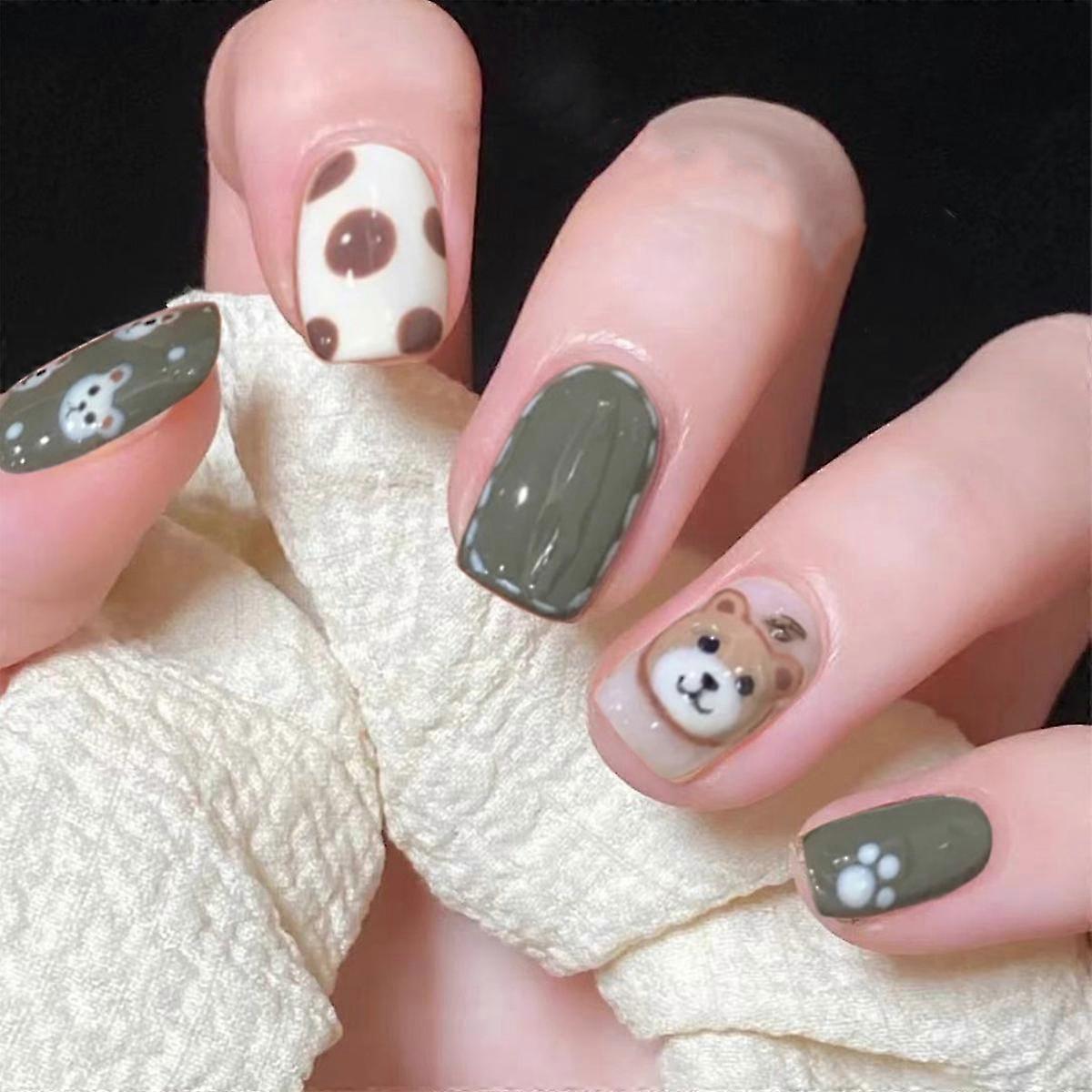 24pcs Cute Bear Bow Nail Patch Sweet Style Glue Type Removable Short Paragraph Manicure Save